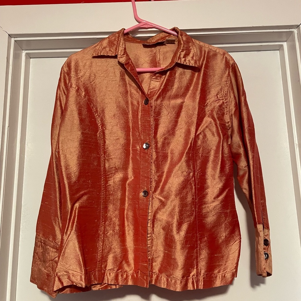 FIXER UPPER: Satin Button Down Shirt - Orange